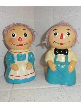 Vintage Ceramic Raggedy Ann & Andy w/ yarn hair figurine collectable antique